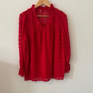 Womens Sz L V neck  ruffle collar blouse with vibrant red gathered sleeves